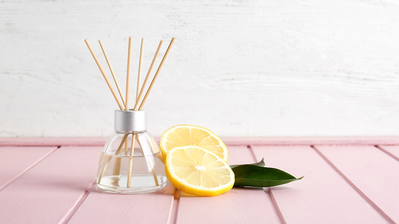 lemon reed diffuser on table