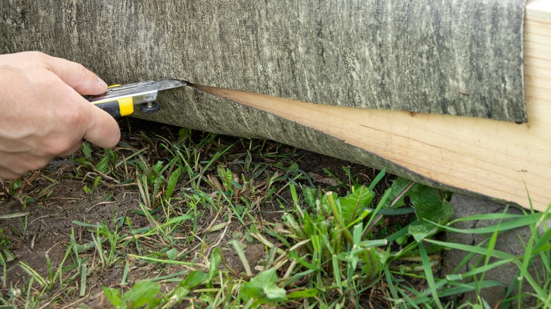 Hand cutting tar paper on a board near grass