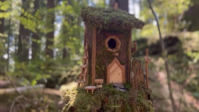 Crafted fairy house covered in bark and moss on a stump in a forest