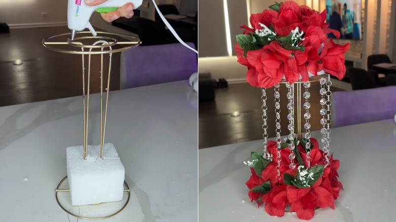 Split image of hot glue being applied to the metal base of a topiary-style flower arrangement made from Dollar Tree supplies and the finished product.