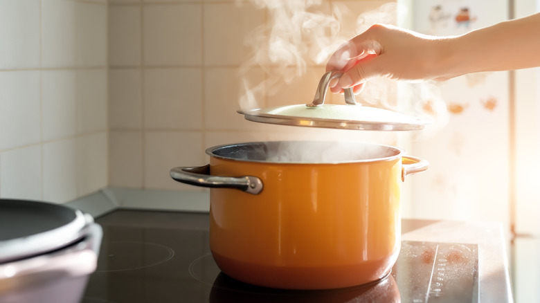 Person removing a pot lid