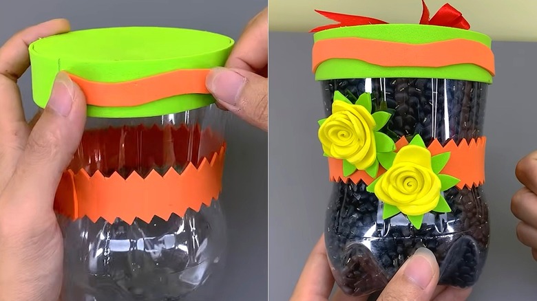 Split image of DIY storage container made from plastic bottle being decorated and then filled with beans