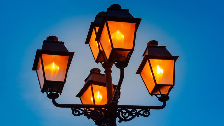 Four solar lights in backyard