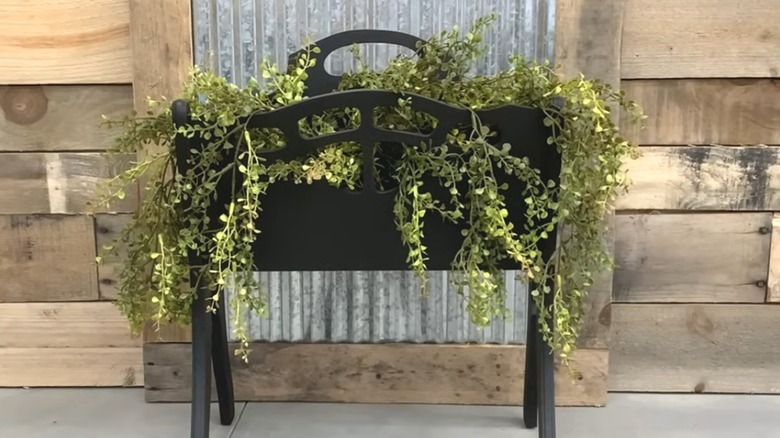 Greenery in tall wooden magazine holder