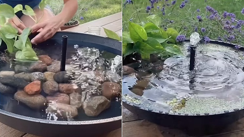 A person adding plants to the fountain on the left, and the completed water feature with the fountain running on the right.