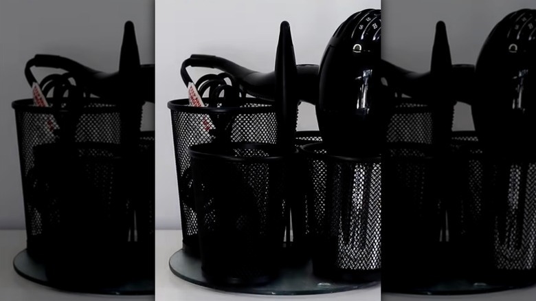 A hair tool caddy made using Dollar Tree supplies.