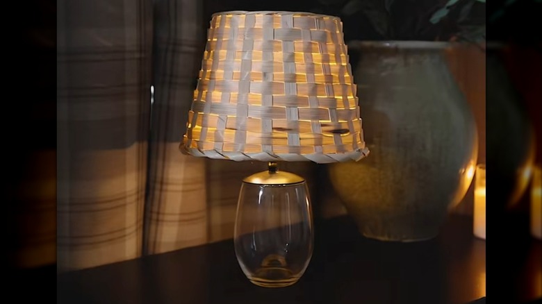 Wine glass-base DIY lamp with woven basket shade