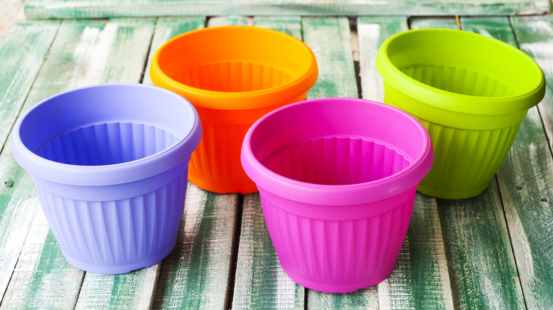 A collection of colorful plastic flower pots