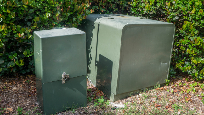 A green outdoor electrical box sits at the edge of a hedge.