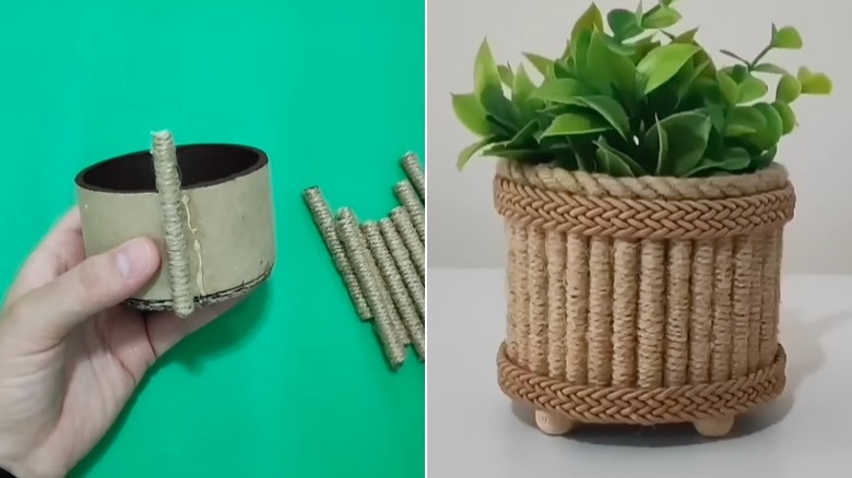A hand holds a cardboard tube with cylinders covered in jute twine attached to the side and a finished planter with a succulent growing inside.