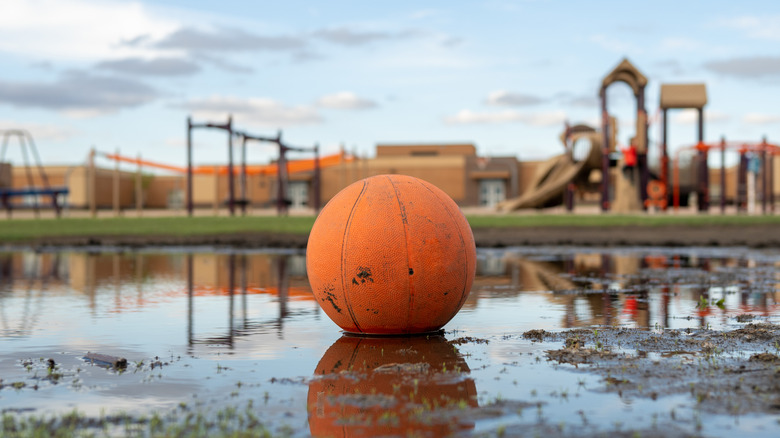 A basketball is reflected in a puddle at a playground