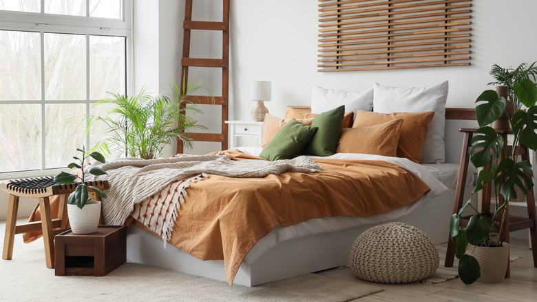 An unused blanket ladder in the corner of a bedroom next to a bed surrounded by plants