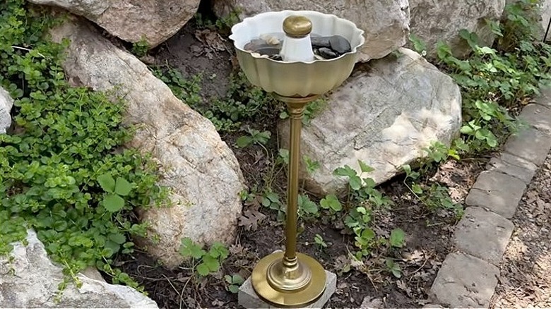 DIY brass bird bath from Bundt pan