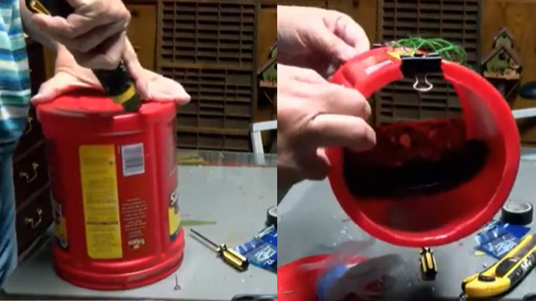 Side by side of steps involved in making a DIY coffee can bird feeder.