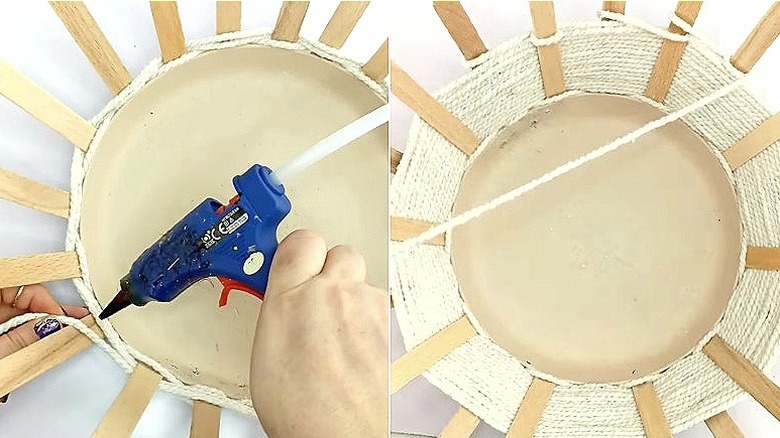 Split image of a frying pan-popsicle stick basket DIY in progress, first with the over-under weaving method, then with the cord wrapping around each popsicle stick