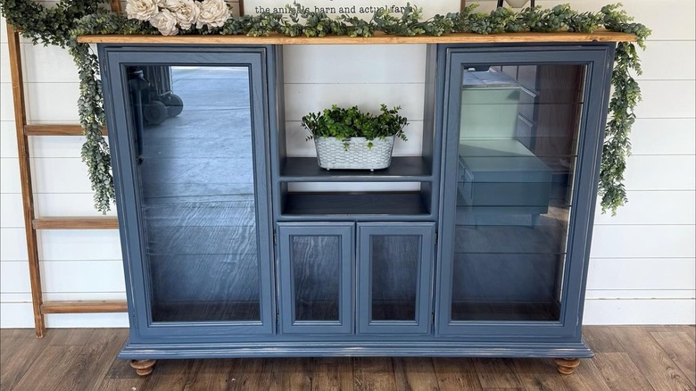 vintage hutch upcycled into a blue cabinet