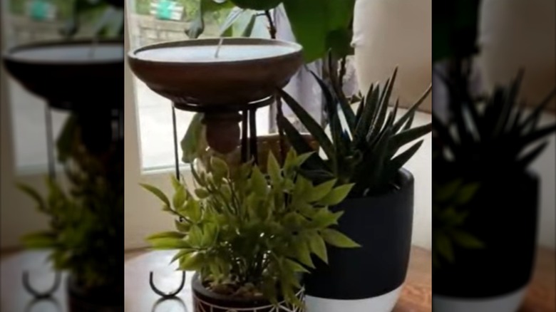 A candle made from an upcycled ceramic jar lid and a metal tripod stand placed on a side table among potted houseplants.