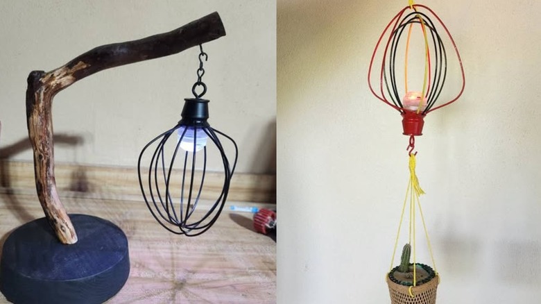 Two examples of whisk pendant light using LED puck-style lights