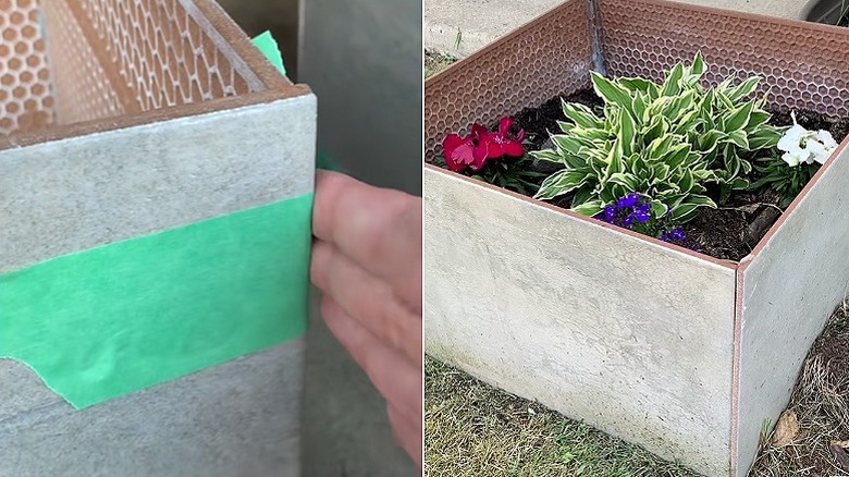 Split image showing a hand applying painters tape to hold the tiles together on the left and the completed tile planter with plants in it on the right
