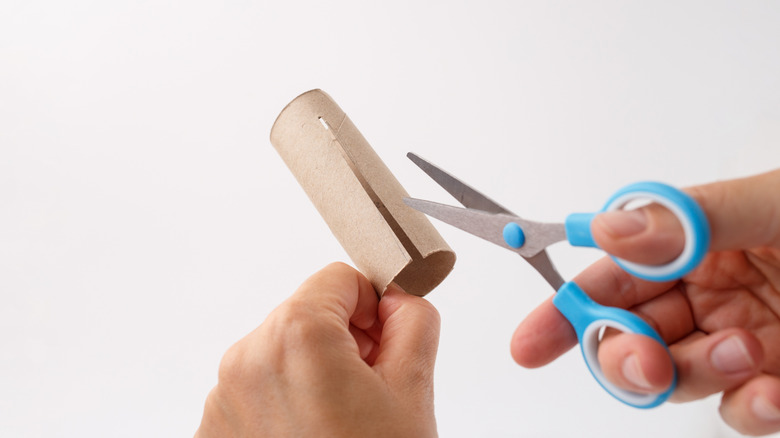Pair of hands cutting toilet paper tube with scissors
