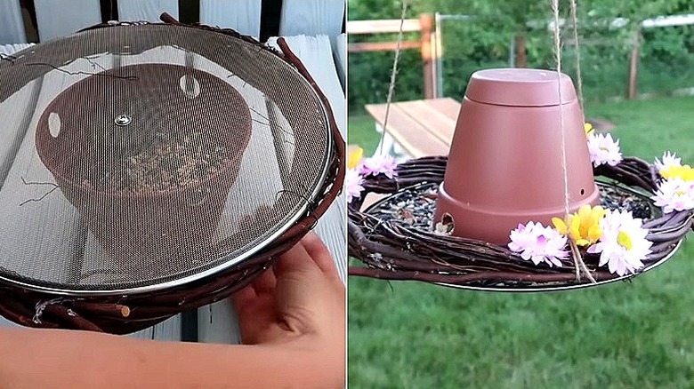 Split image of a mesh pot lid over a planter filled with bird seed, and the DIY bird feeder made out of old pot lid, a twig wreath, and a planter turned upside down