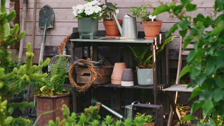 old potting bench in garden