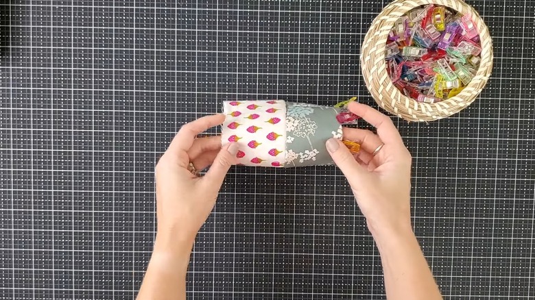 Both fabrics showing on reversible cozy before final stitching