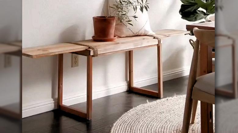 DIY entryway bench made from shoe rack and wood scraps
