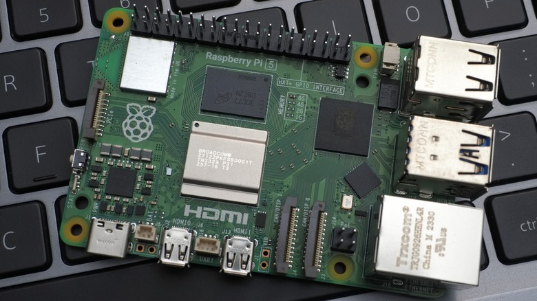 Close-up of a Raspberry Pi 5 on a laptop keyboard