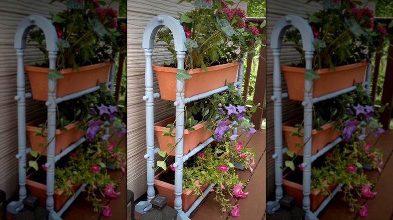 Old wooden quilt rack turned into a planter stand and placed on the back patio.
