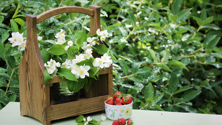 A wooden toolbox with white flowers