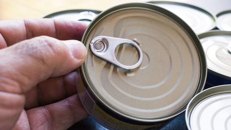 A hand holding a closed tuna can