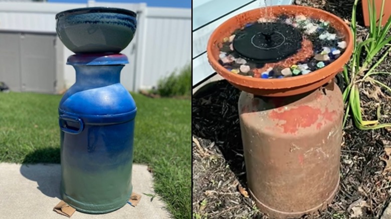 Two DIY milk can bird baths examples
