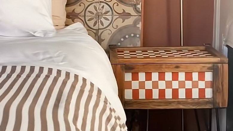 checkerboard paint on wood box DIY bedside table