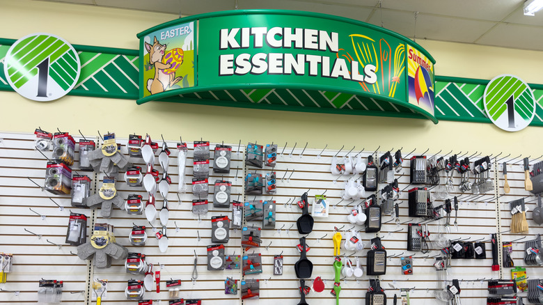 A kitchen essentials wall display at a Dollar Tree store.