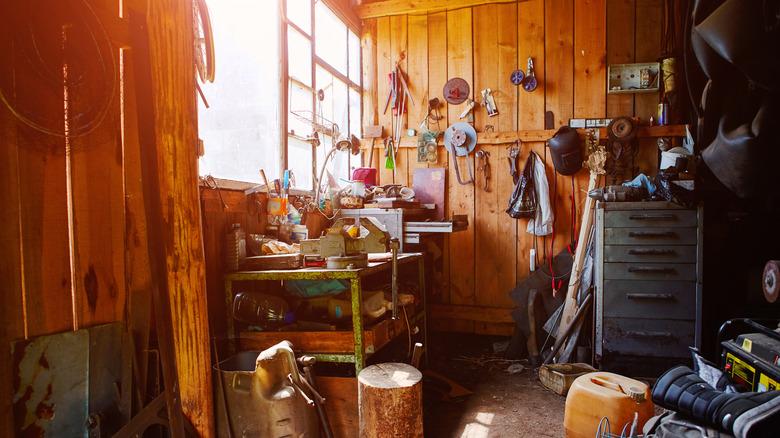 messy garden shed with tools