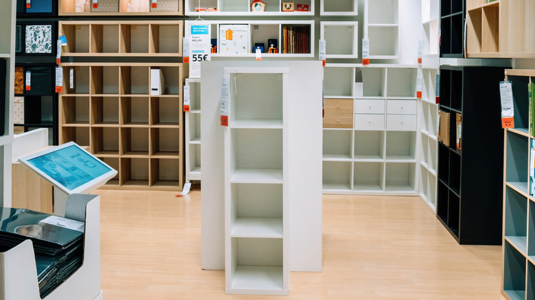 Various cube-style shelves inside IKEA store