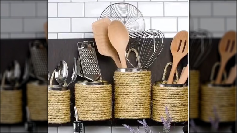 DIY tin can storage solution.