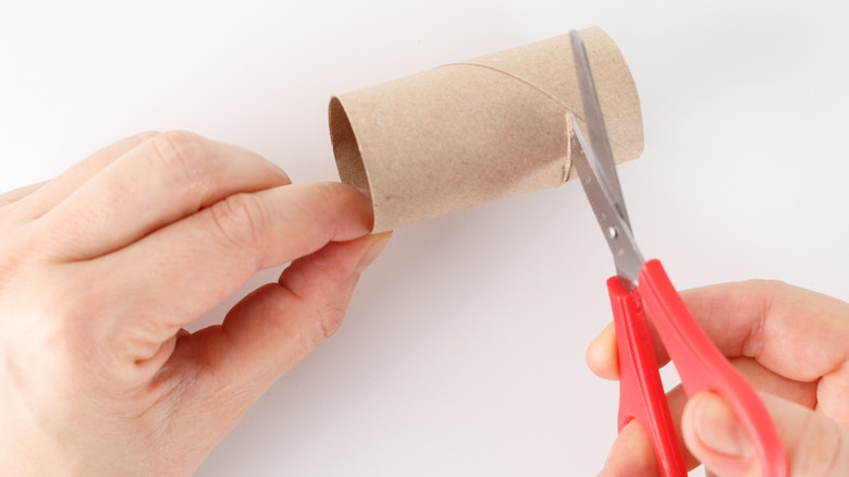 Close-up of person's hands as they cut a cardboard tube with scissors.