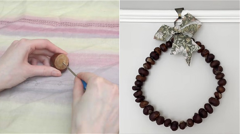 Split image showing hands drilling a hole through a conker seed and a finished DIY conker wreath with a green bow