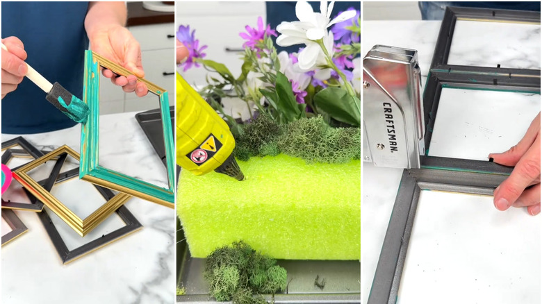 Three pictures of the work in progress picture frame greenhouse: Painting frames, gluing faux plants, and stapling the structure.