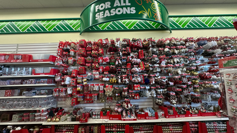 A Dollar Tree display shows off Christmas decorations.
