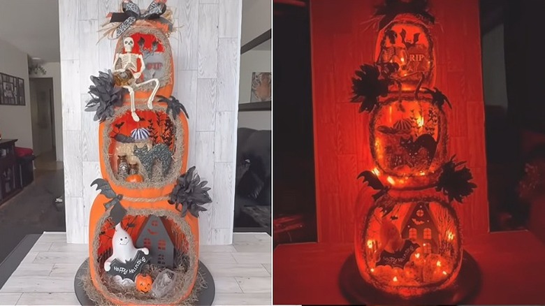 Stacked Halloween pumpkin diorama shown in daylight and at night