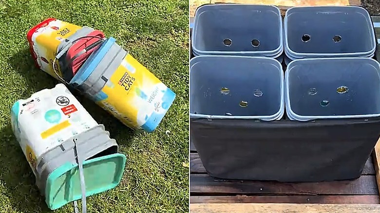 Split image showing three empty litter containers on the left and the assembled garden bed on the right