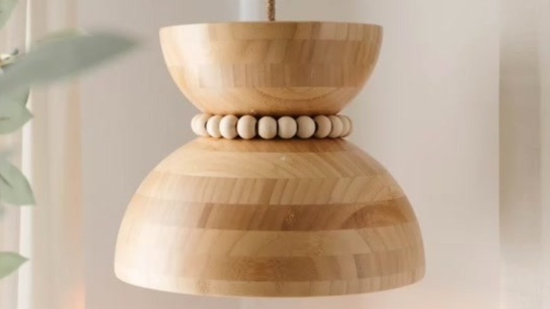 closeup of the stylish pendant light made from two IKEA bamboo bowls