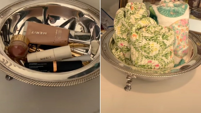 Various bathroom essentials placed on a vintage casserole holder.