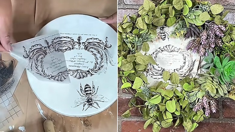 A wreath made out of an old cookie tin lid.