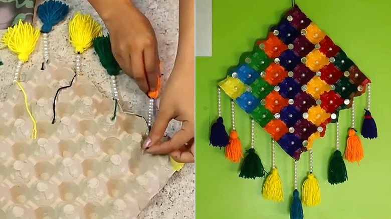 Split image of tassels being added to an egg tray, and a DIY retro wall décor made from an egg carton tray