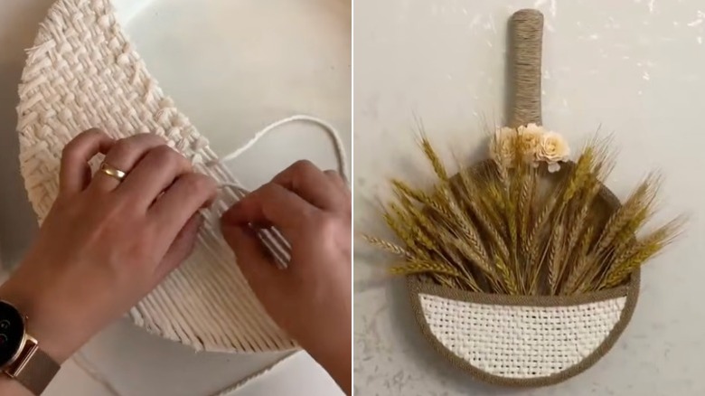 A person weaves the pocket of boho wall decor made from an old frypan and the finished item with dried wheat stalks inside.