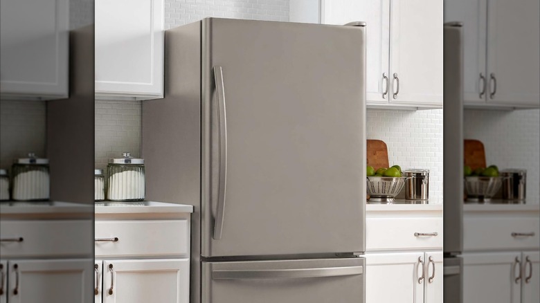 Refrigerator covered in Rust-Oleum stainless steel-colored paint